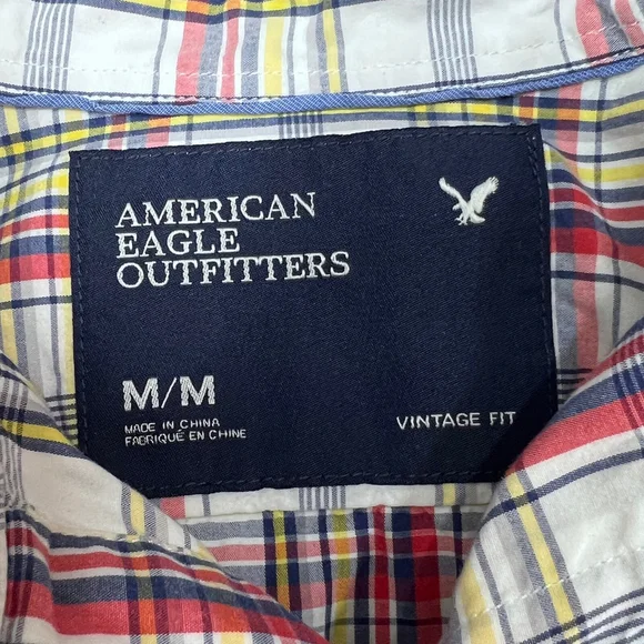 American Eagle Mens Vintage Fit Mens Button Up Shirt Plaid Red Blue White Medium - Picture 6 of 7